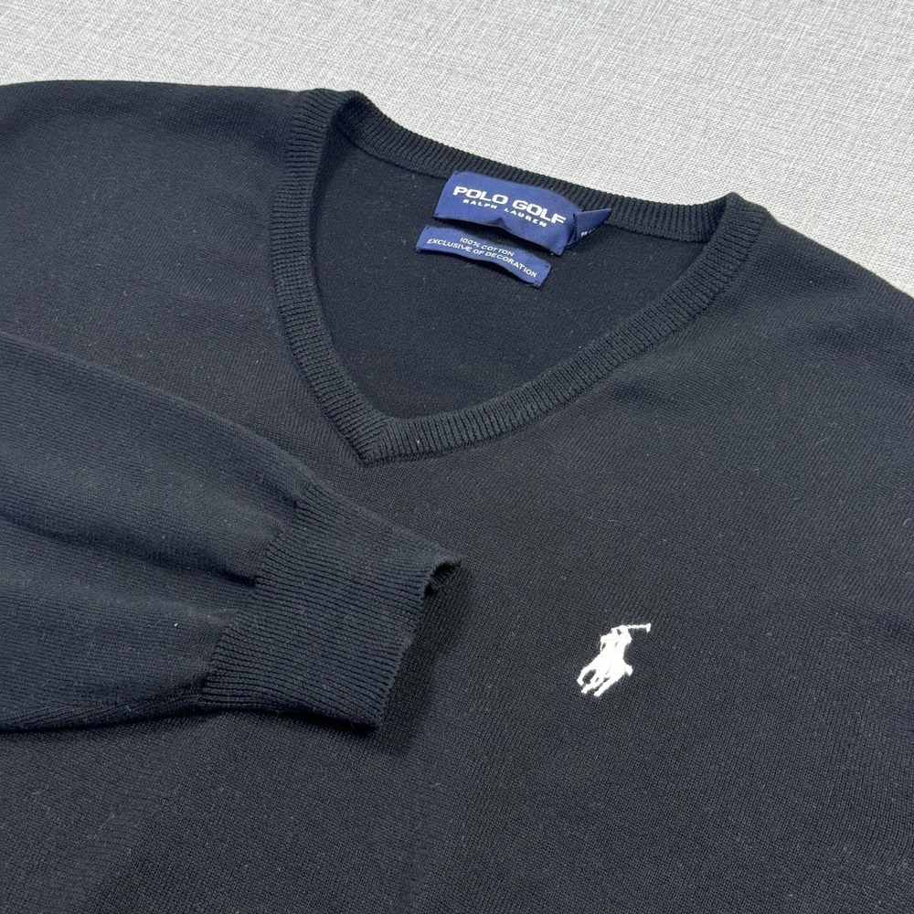 Polo Golf Ralph Lauren Sweater Mens XL Black Cotton V-Neck Knit Pullover Logo